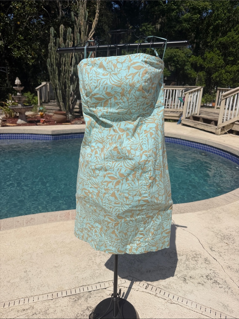 GAP Strapless sky blue and Gold Leaf-Print Sheath Dress